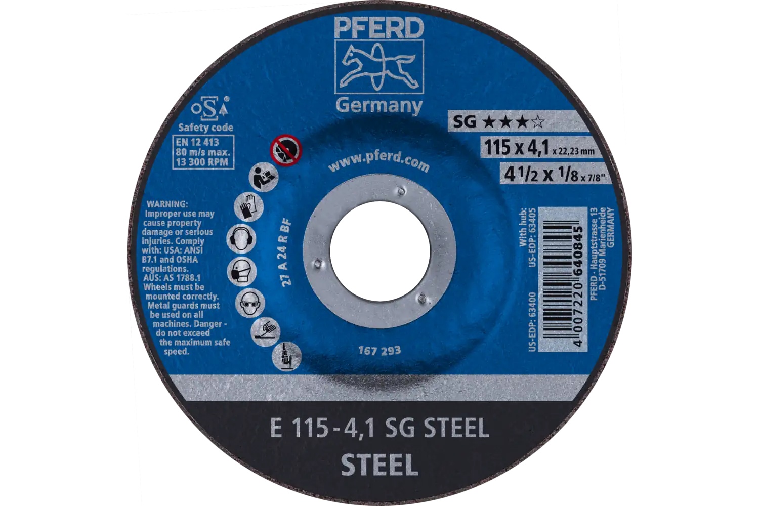 Picture of Pferd Grinding Wheel, 4-1/2" X 1/8 X 7/8, Sg Steel, T27, Aluminum Oxide